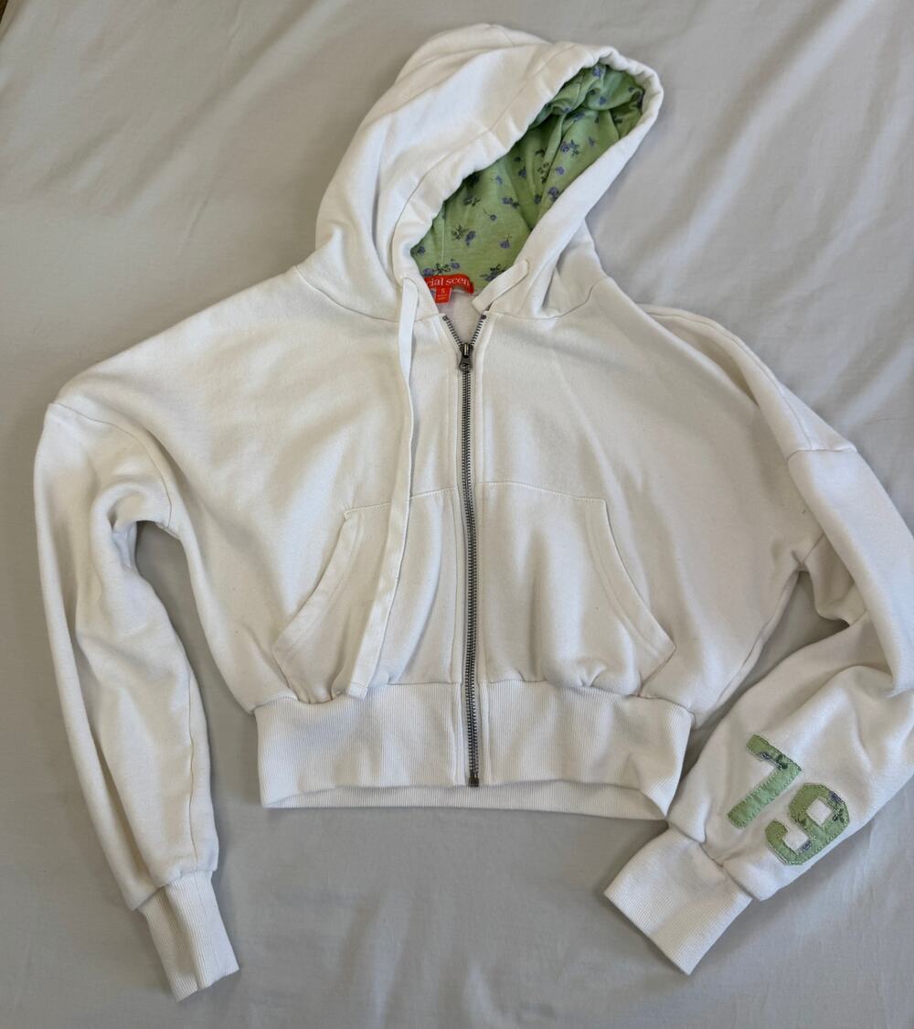 Social Scene White Cropped Zip-Up Hoodie Small Green Floral Lining 79 Sleeve